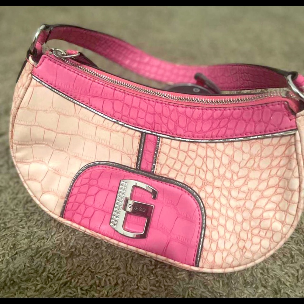 pink and silver leather guess shoulder bag